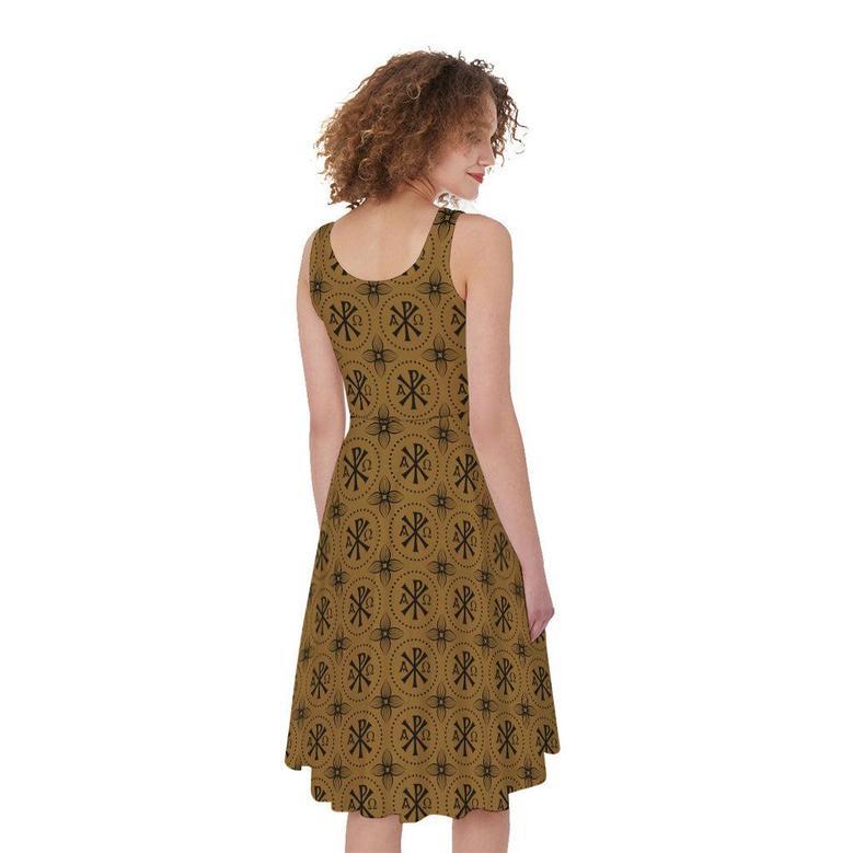 Gold And Black Orthodox Pattern Print Sleeveless Knee Length Dress