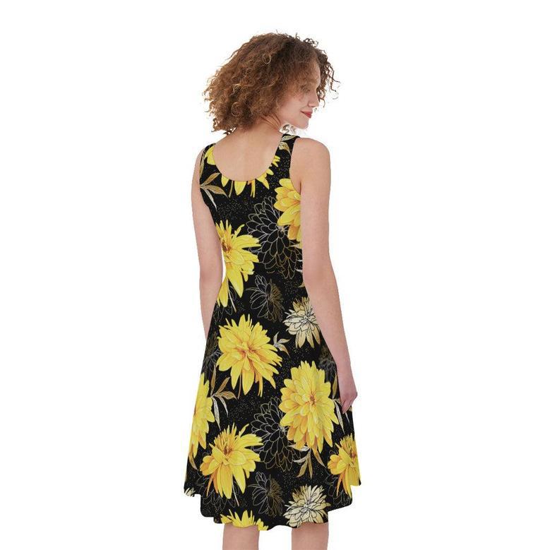 Gold And Yellow Floral Print Sleeveless Knee Length Dress