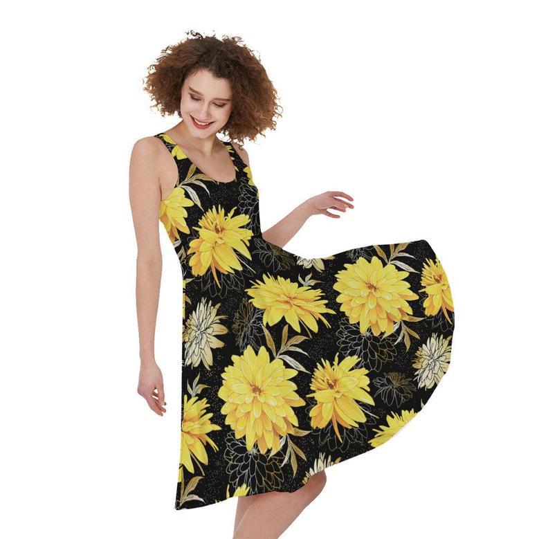 Gold And Yellow Floral Print Sleeveless Knee Length Dress