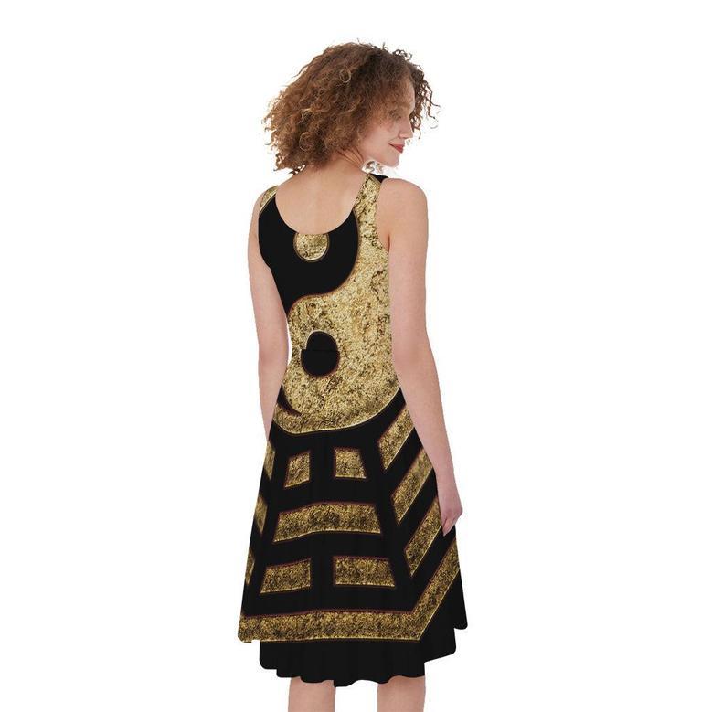 Gold Bagua Yin Yang Print Sleeveless Knee Length Dress