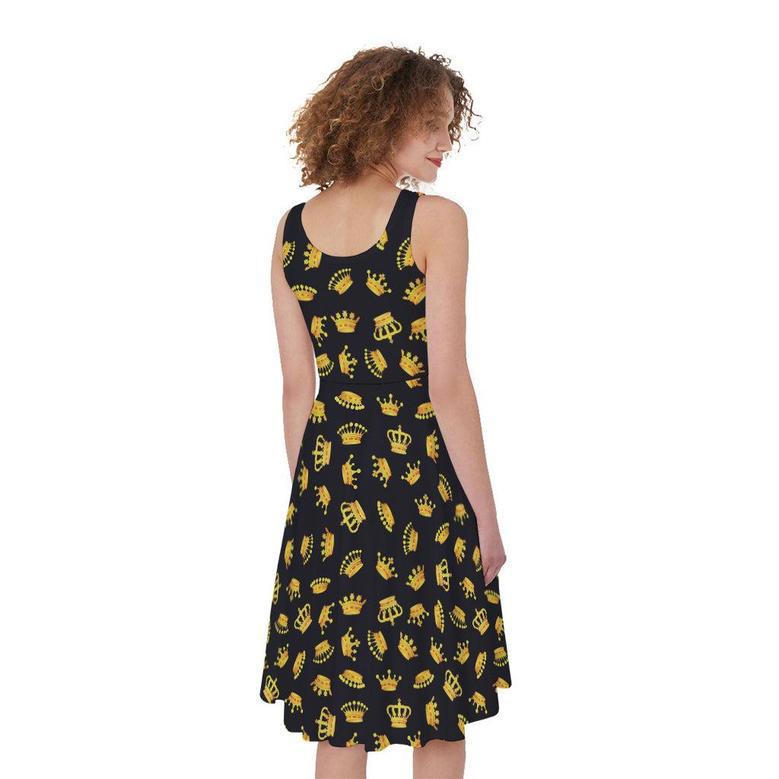 Gold Crown Pattern Print Sleeveless Knee Length Dress