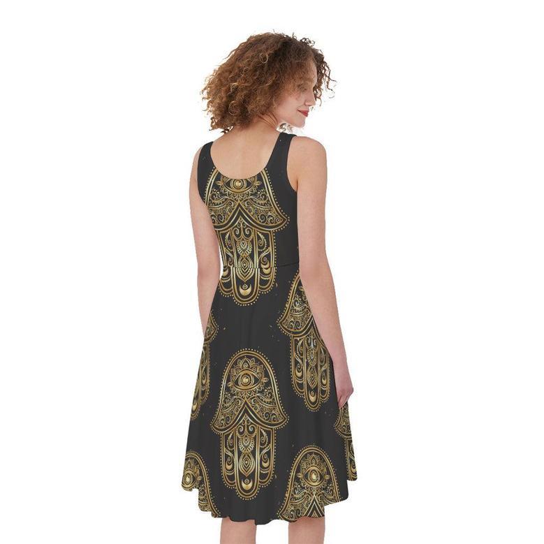 Gold Hamsa Pattern Print Sleeveless Knee Length Dress