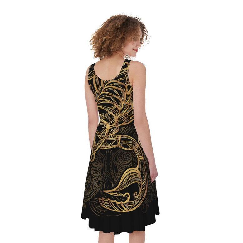 Gold Scorpio Print Sleeveless Knee Length Dress