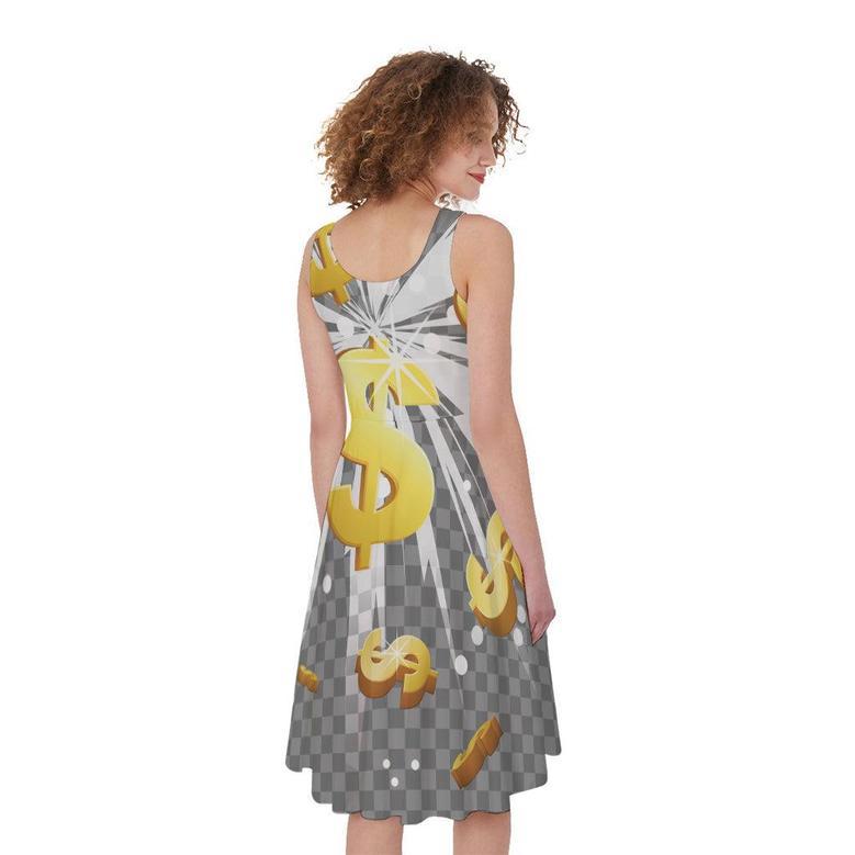 Golden Dollar Sign Explosion Print Sleeveless Knee Length Dress