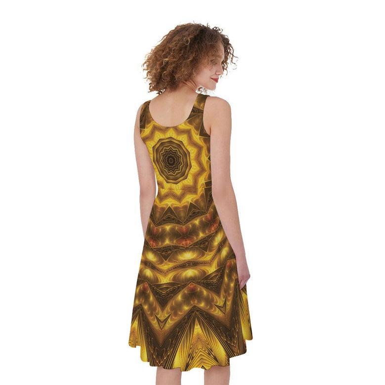 Golden Kaleidoscope Print Sleeveless Knee Length Dress