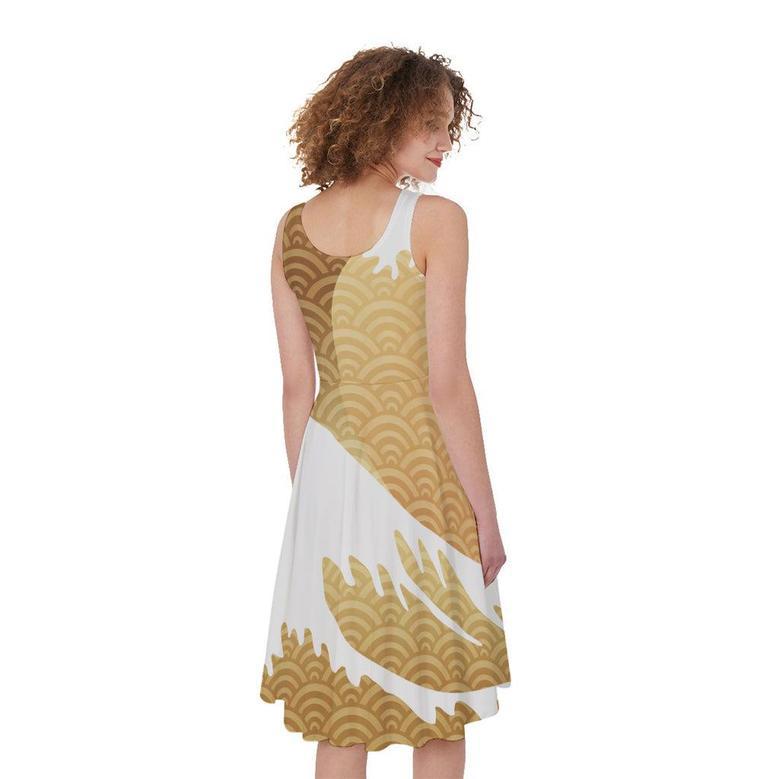 Golden Kanagawa Wave Print Sleeveless Knee Length Dress