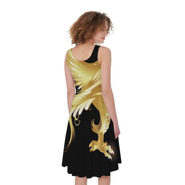 Golden Rooster Print Sleeveless Knee Length Dress