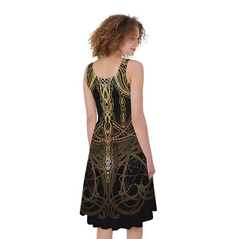 Golden Spiritual Dragonfly Print Sleeveless Knee Length Dress