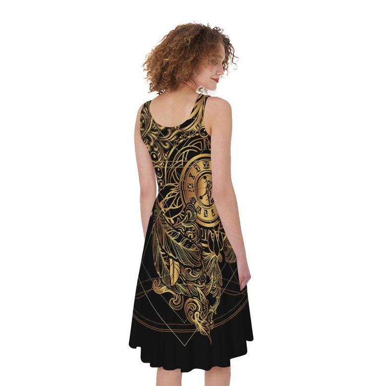 Golden Spiritual Owl Print Sleeveless Knee Length Dress