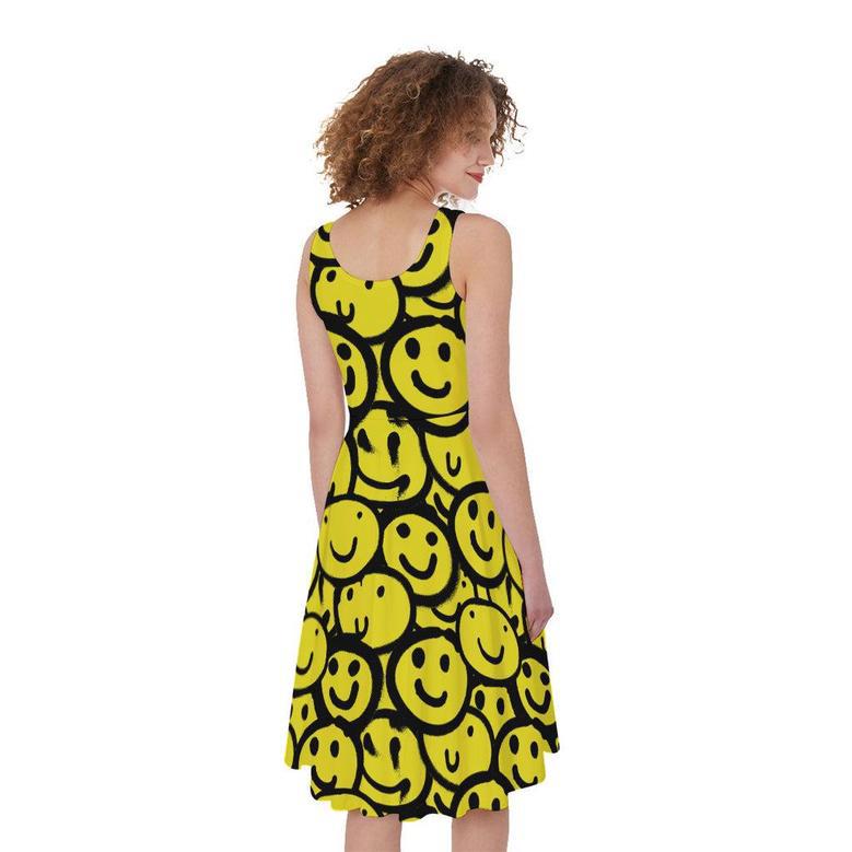 Graffiti Happy Emoji Pattern Print Sleeveless Knee Length Dress