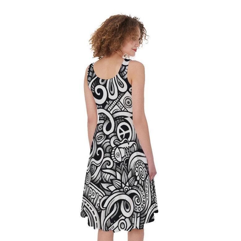 Graffiti Surfing Pattern Print Sleeveless Knee Length Dress