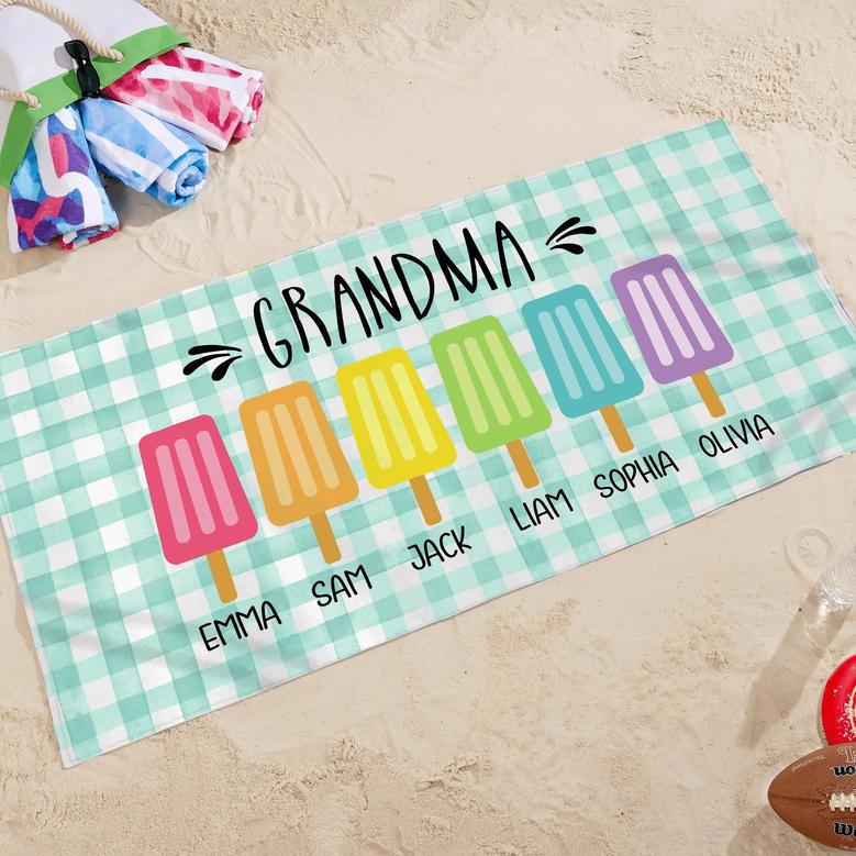 Grandma Flag Theme Personalized Beach Towels Featuring Grandkids