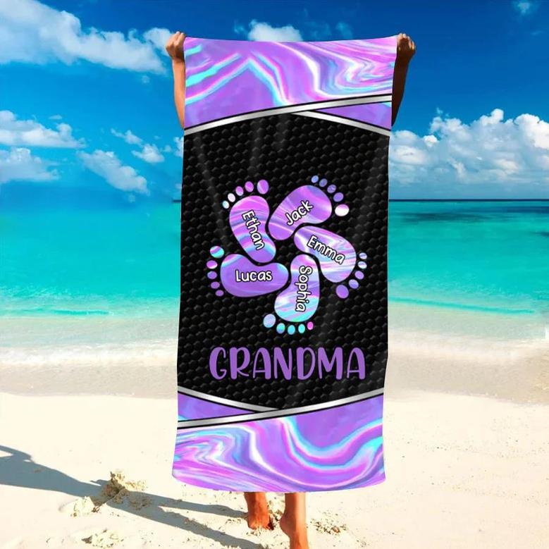 Grandma Mom Footprints Colorful Personalized Beach Towels Gift Idea