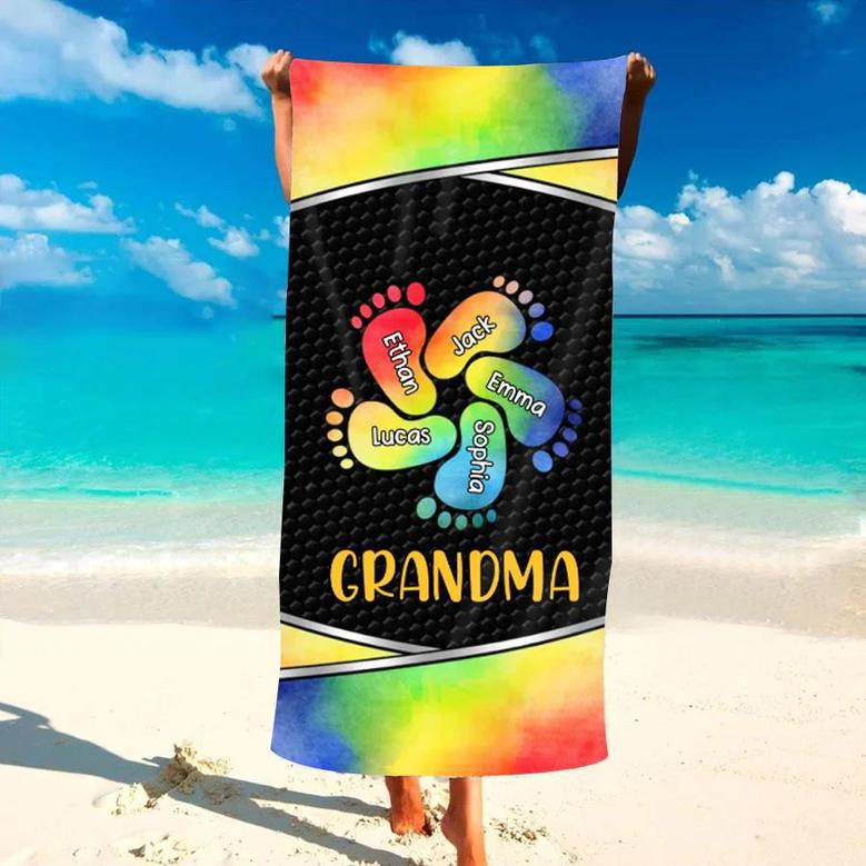 Grandma Mom Footprints Colorful Personalized Beach Towels Gift Idea