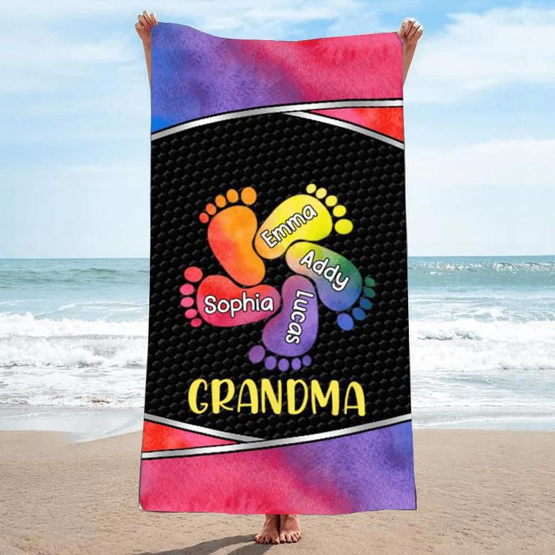 Grandma Mom Footprints Colorful Personalized Beach Towels Gift Idea