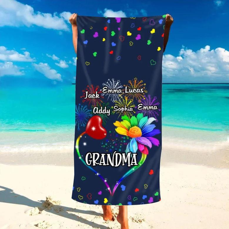 Grandma Rainbow Flower Firework Kids Personalized Beach Towels