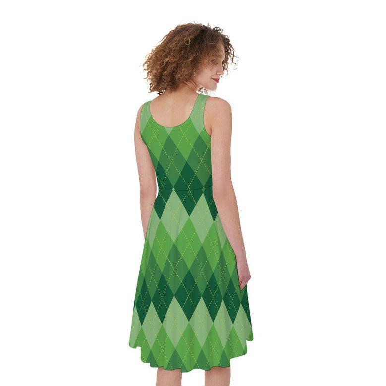 Grass Green Argyle Pattern Print Sleeveless Knee Length Dress