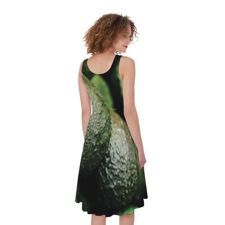 Green Avocado Print Sleeveless Knee Length Dress