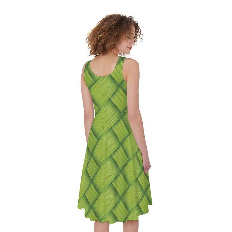 Green Bamboo Print Sleeveless Knee Length Dress