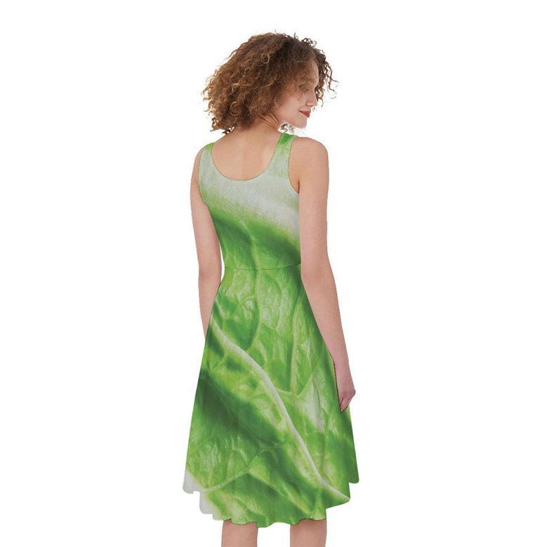 Green Cabbage Leaf Print Sleeveless Knee Length Dress