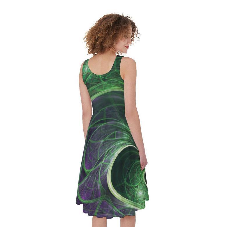 Green Fractal Print Sleeveless Knee Length Dress