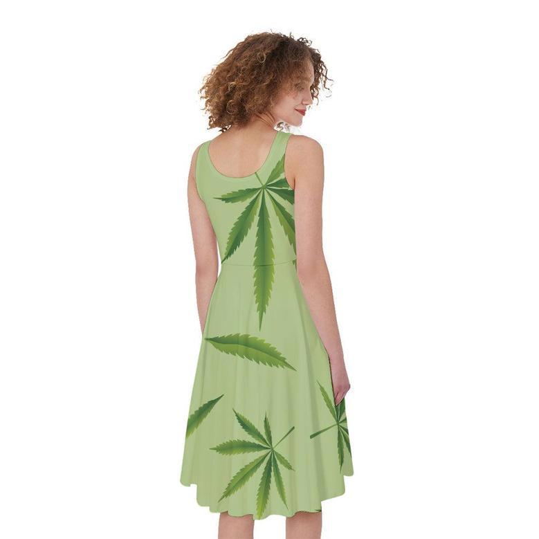 Green Hemp Leaves Pattern Print Sleeveless Knee Length Dress