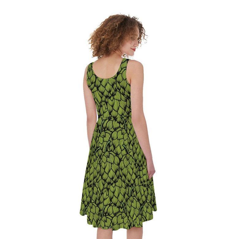 Green Hop Cone Pattern Print Sleeveless Knee Length Dress