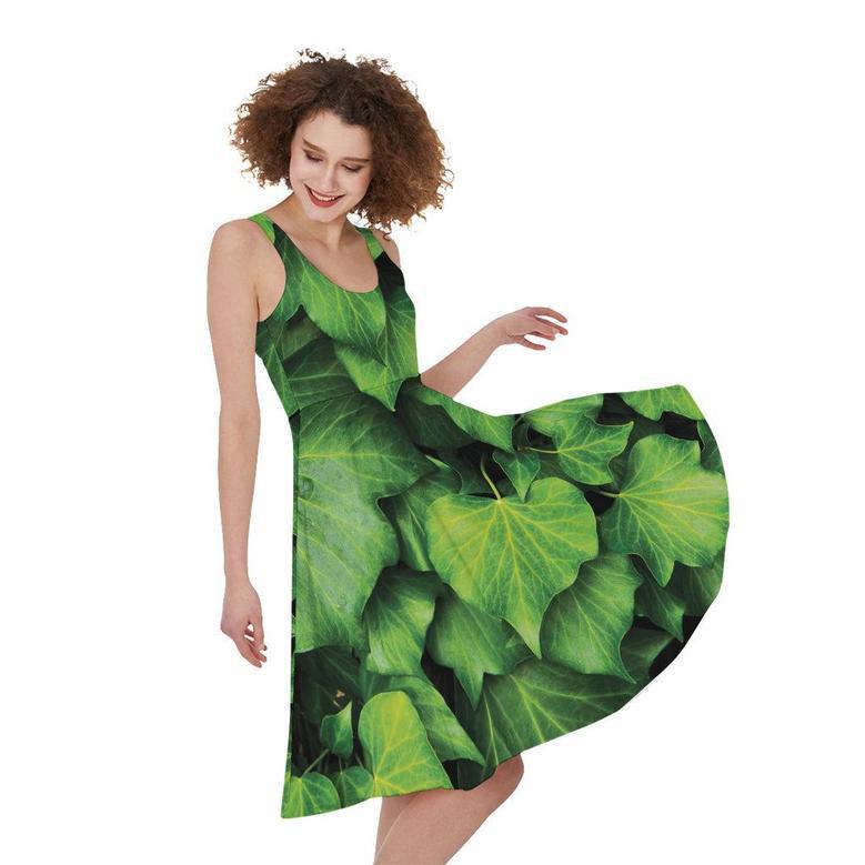 Green Ivy Leaf Print Sleeveless Knee Length Dress