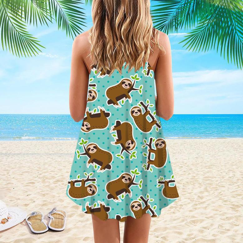 Green Lazy Sleeping Sloth Spaghetti Strap Summer Dress