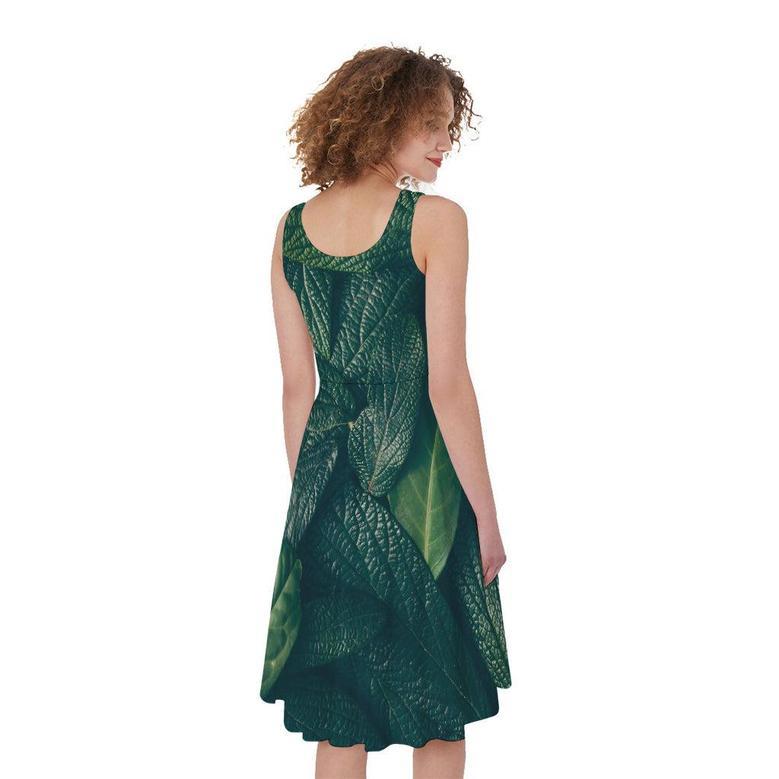 Green Leaves Print Sleeveless Knee Length Dress