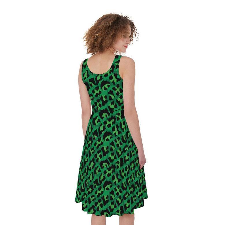 Green Leopard Print Sleeveless Knee Length Dress