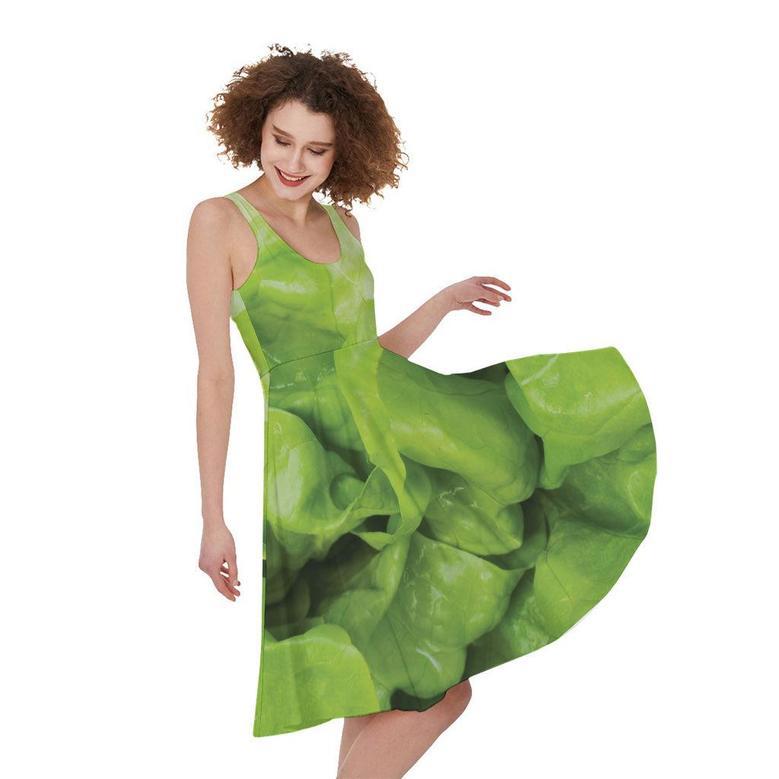 Green Lettuce Leaves Print Sleeveless Knee Length Dress