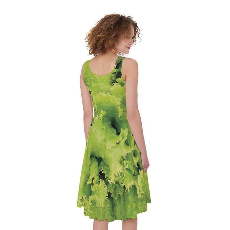 Green Lettuce Salad Print Sleeveless Knee Length Dress