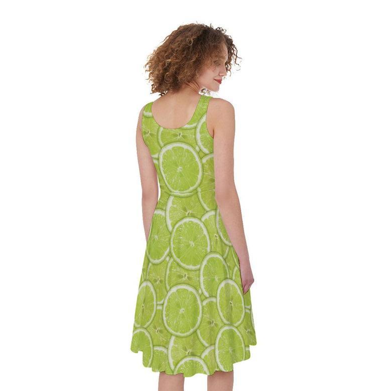 Green Lime Slices Pattern Print Sleeveless Knee Length Dress