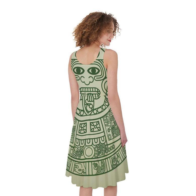 Green Maya Calendar Print Sleeveless Knee Length Dress