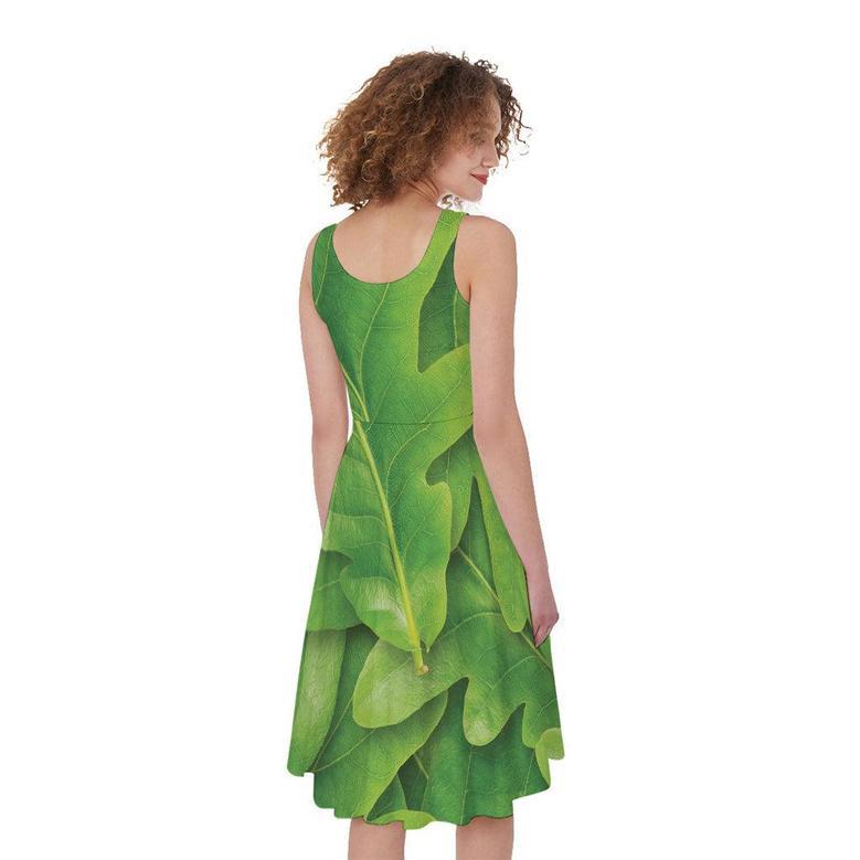 Green Oak Leaf Print Sleeveless Knee Length Dress