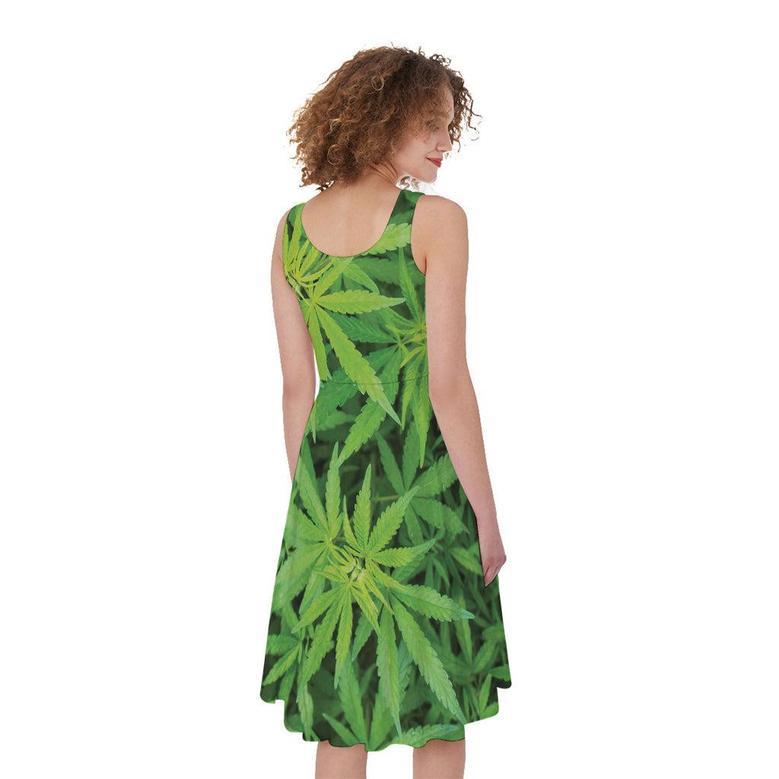 Green Pot Leaf Print Sleeveless Knee Length Dress