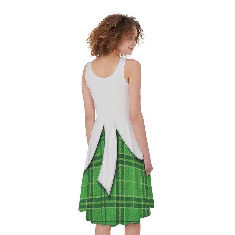 Green Shamrock Tartan Print Sleeveless Knee Length Dress