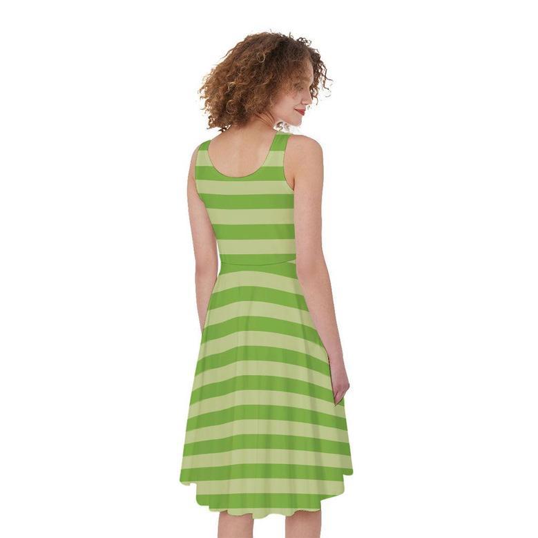 Green Striped Pattern Print Sleeveless Knee Length Dress