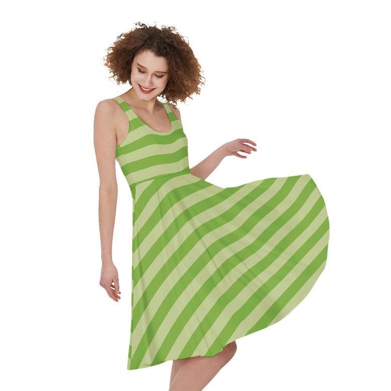 Green Striped Pattern Print Sleeveless Knee Length Dress