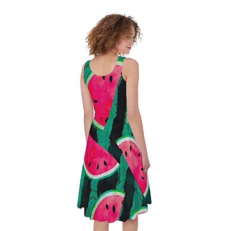 Green Striped Watermelon Pattern Print Sleeveless Knee Length Dress