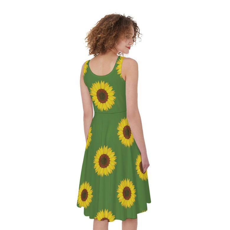 Green Sunflower Pattern Print Sleeveless Knee Length Dress