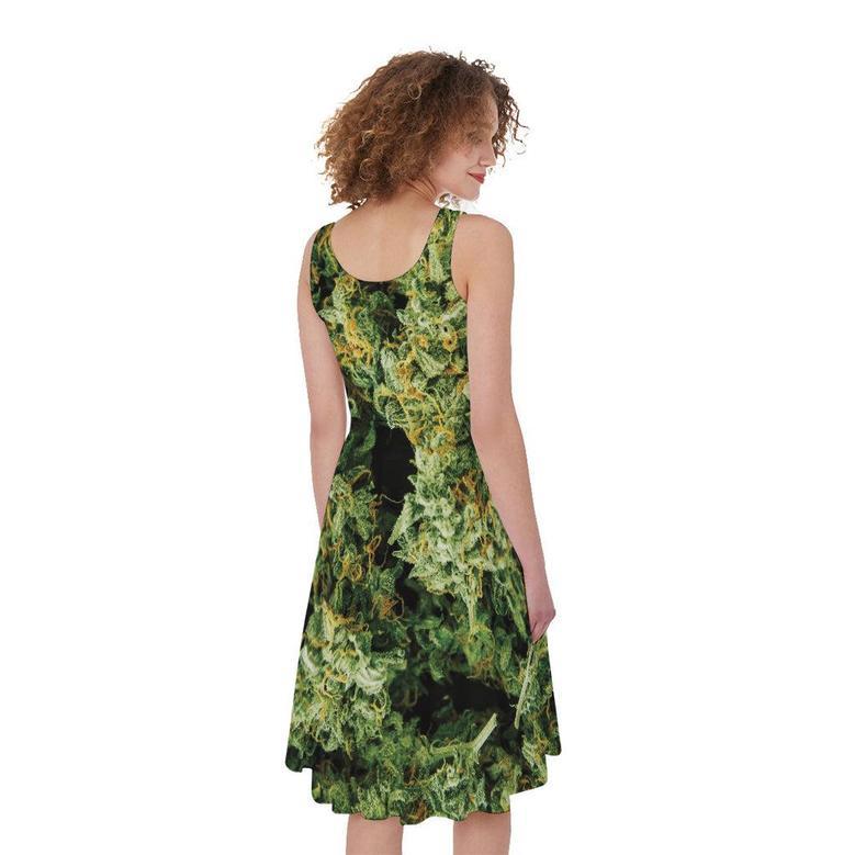 Green Weed Print Sleeveless Knee Length Dress