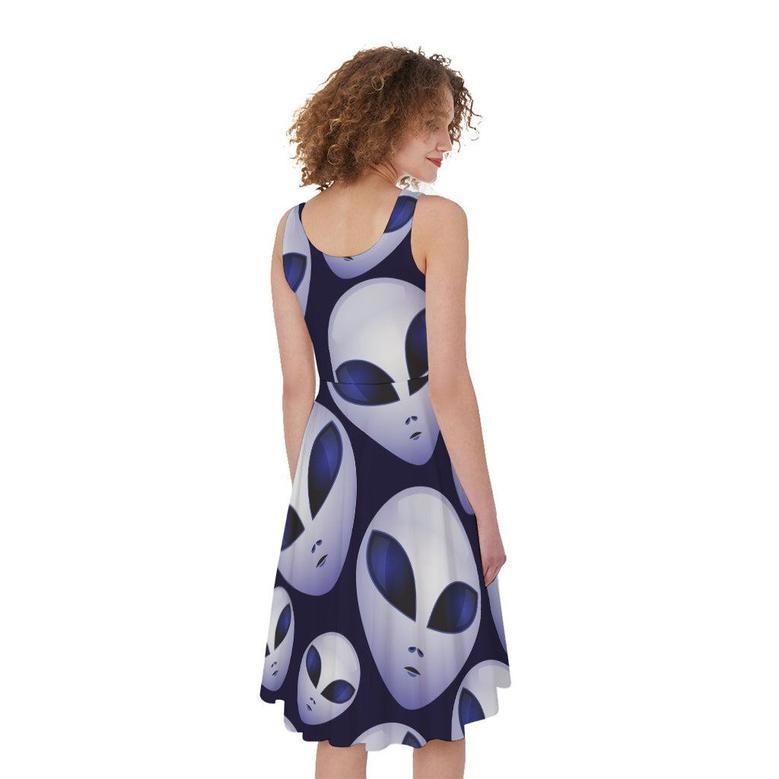 Grey Alien Face Pattern Print Sleeveless Knee Length Dress