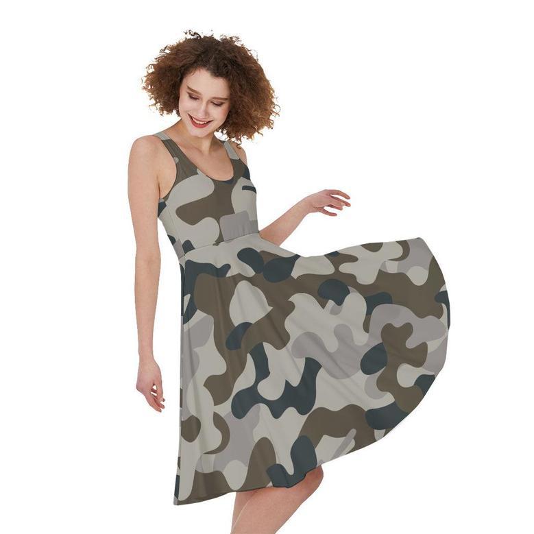 Grey And Brown Camouflage Print Sleeveless Knee Length Dress