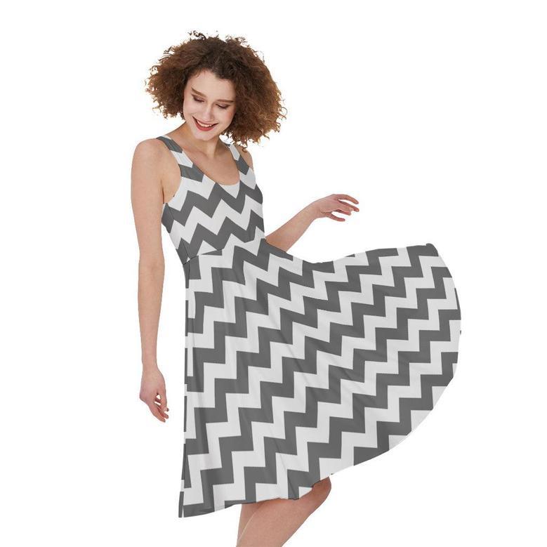 Grey And White Chevron Pattern Print Sleeveless Knee Length Dress