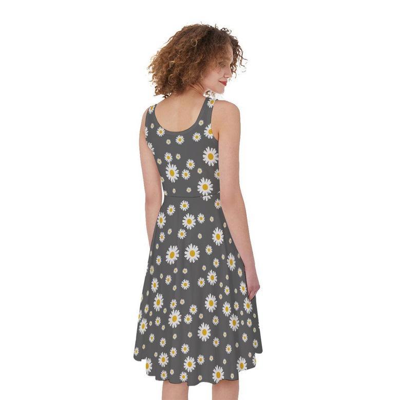 Grey Daisy Floral Pattern Print Sleeveless Knee Length Dress