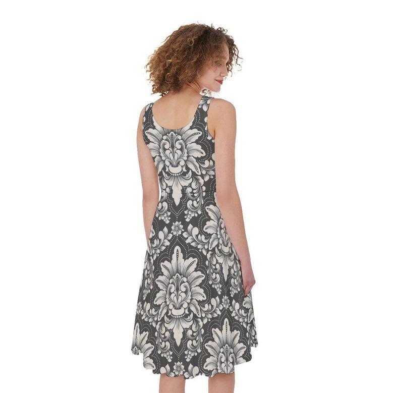 Grey Damask Pattern Print Sleeveless Knee Length Dress