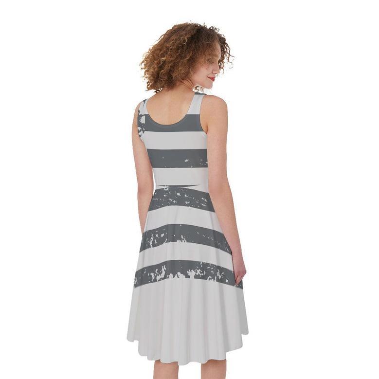 Grey Grunge American Flag Print Sleeveless Knee Length Dress