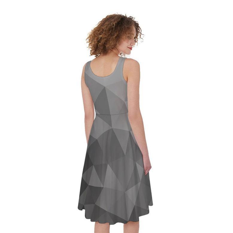 Grey Polygonal Geometric Print Sleeveless Knee Length Dress